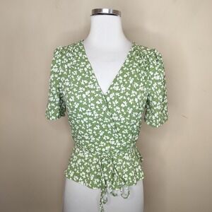 Commense Floral Faux Wrap Top V Neck Dainty Green